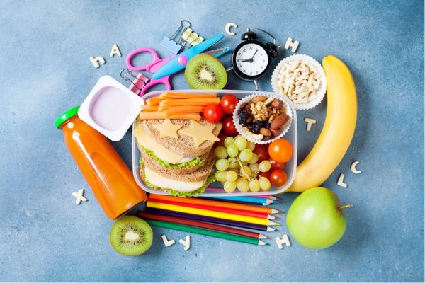 Picture of a school lunch next to school supplies