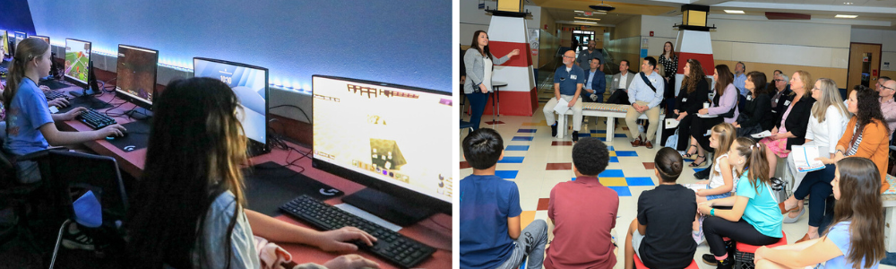 Students learning at a computer and leaders and students attending a program at a school