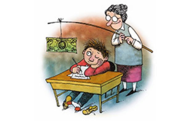 Cartoon of teacher dangling money over student while they take a test