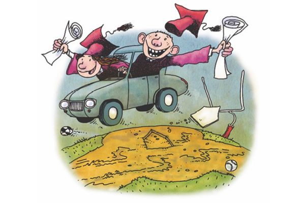 Cartoon showing graduates in a car running across fields