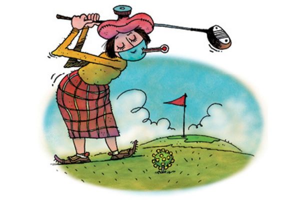 Cartoon of woman with mask on and thermometer while golfing