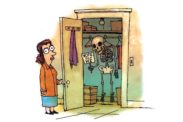 Cartoon depicting a skeleton in a closet