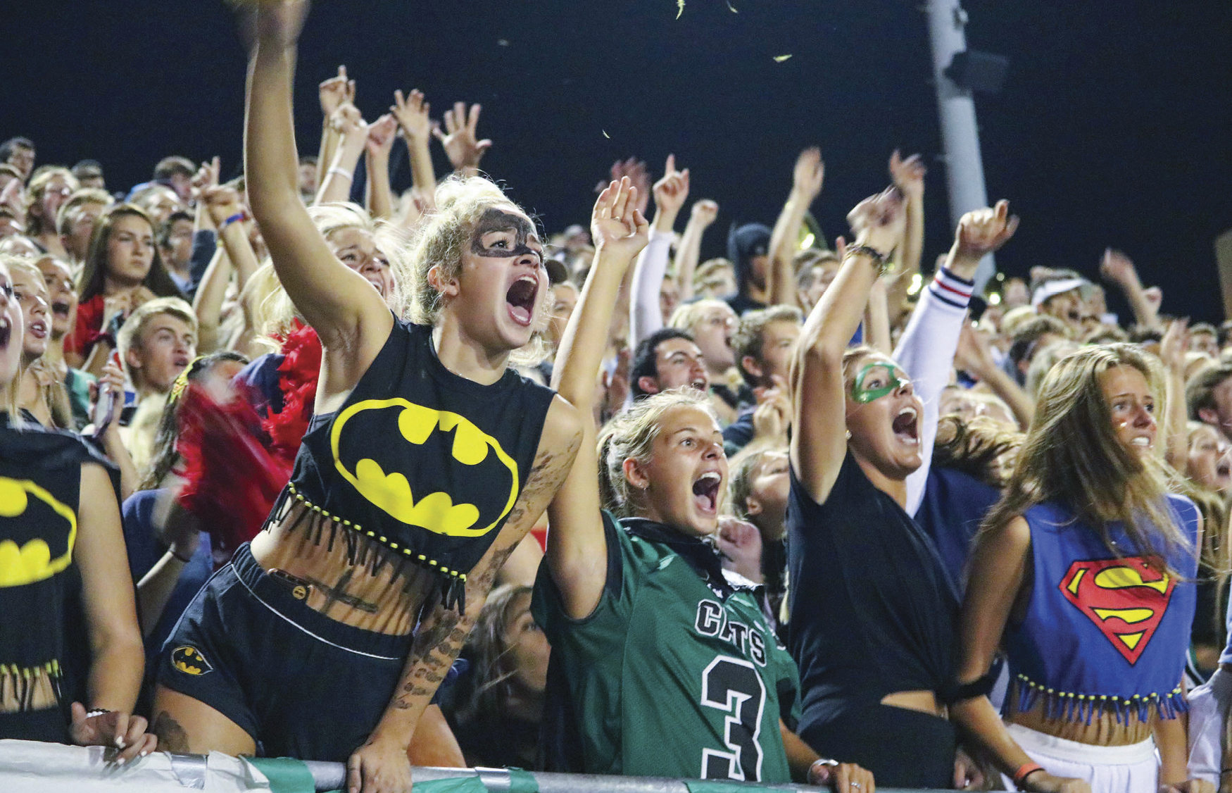 fans dressed up as superheroes and cheering