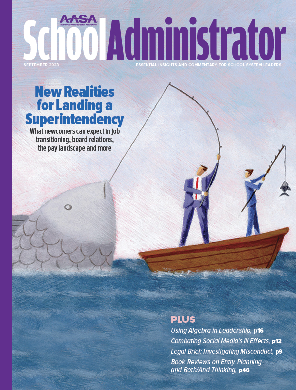 September issue cover with art showing large fish being pulled out of water by two men in suits on a small boat