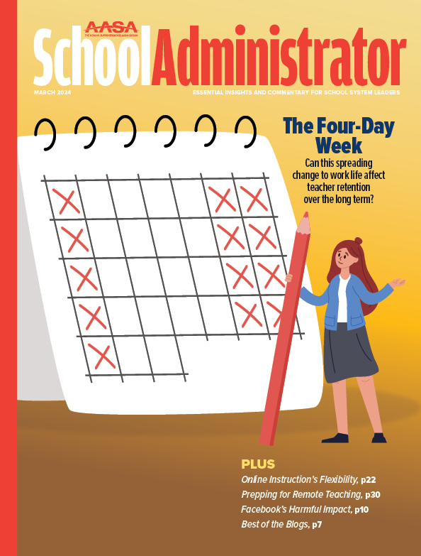 School Administrator March 2024 cover showing a calendar with days crossed out and woman holding big pencil (illustration)