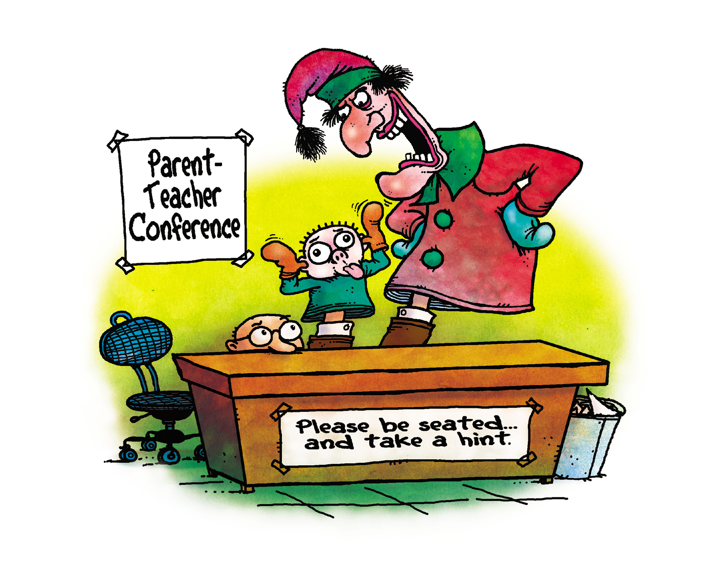 An illustration showing puppets popping out of a desk and a parent teacher conference sign in the back