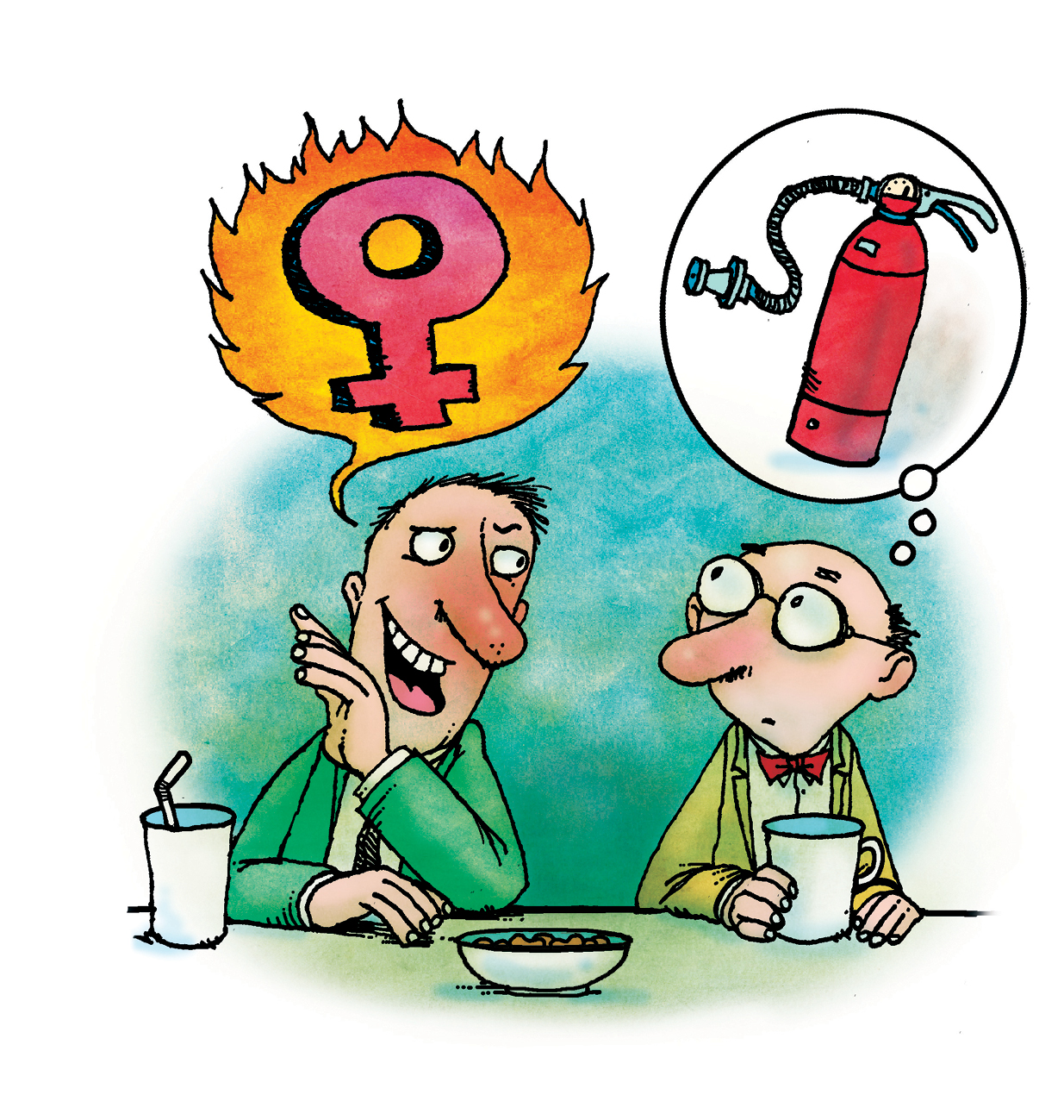 Illustration of two men talking, one with flame and female sign above his head, the other with fire extinguisher