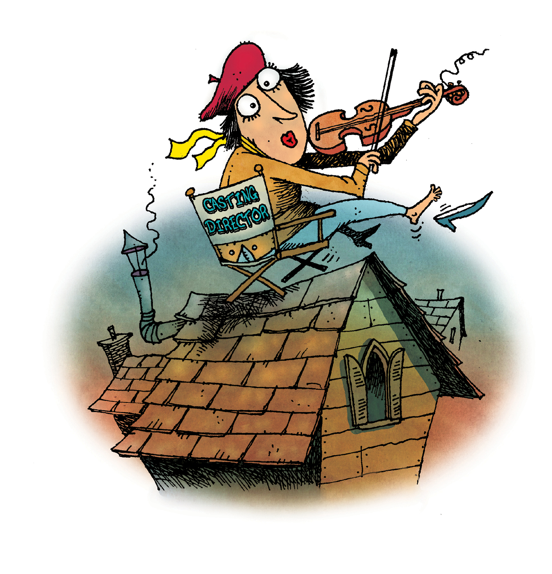 Illustration of a woman playing fiddle atop a roof sitting in director's chair