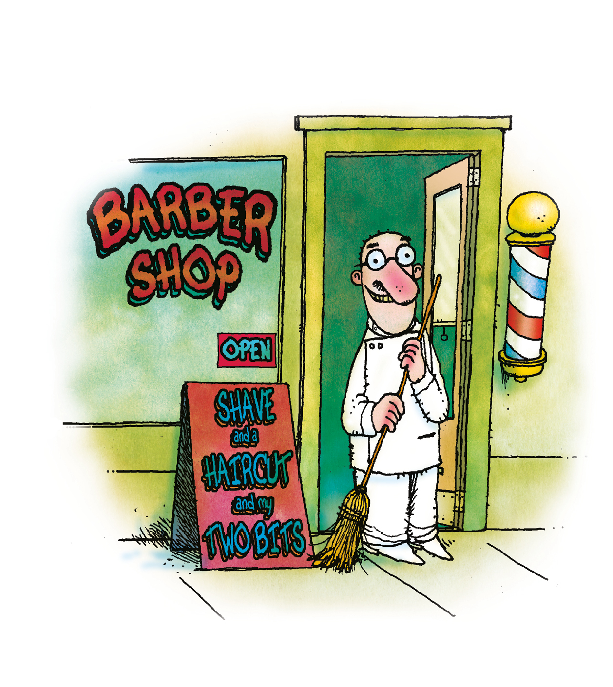 illustration of a man standing in the door of a barber shop