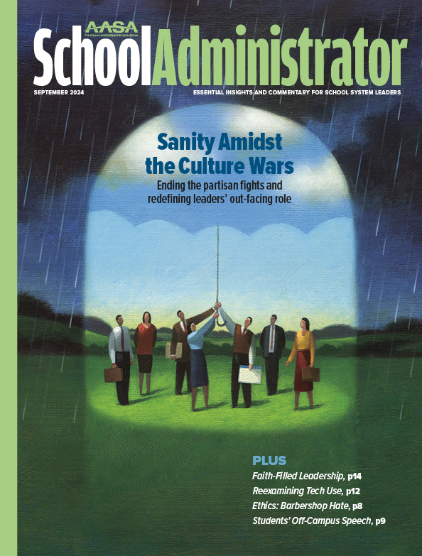 School Administrator September cover, illustration with people holding umbrella