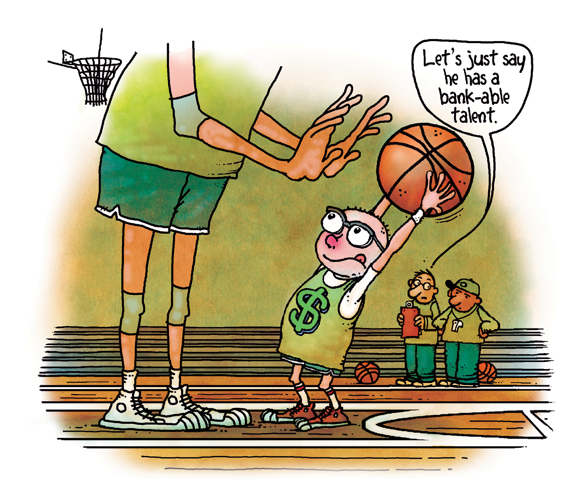 Illustration of kid playing basketball with adult towering over them