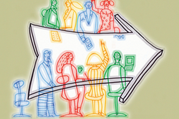 Illustration of people at a table shaped like an arrow pointing to the right