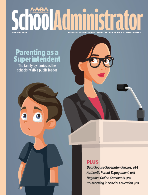 January 2025 cover: illustration of a woman at podium with son next to her