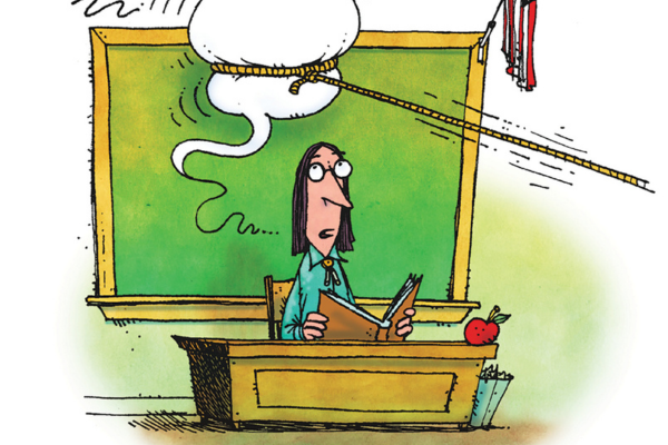 Illustration of lasso pulling speech bubble away from teacher