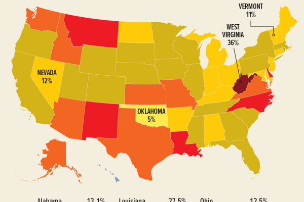 Map of U.S. with various states in different colors