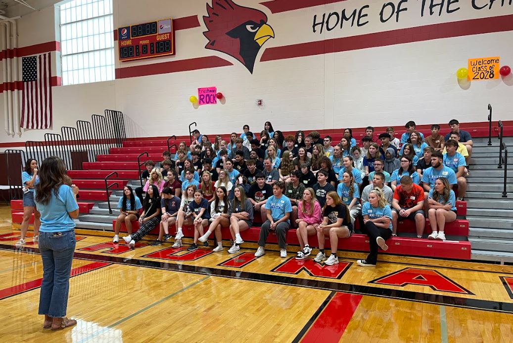 Adriane Moody, school counselor, opens freshman orientation